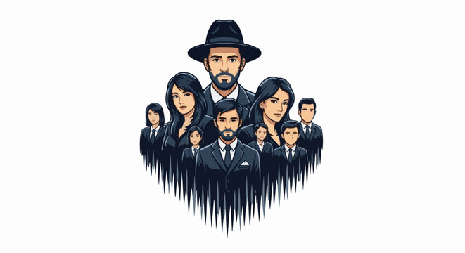 A formal group of nine people in suits, one wearing a hat, form a unified front