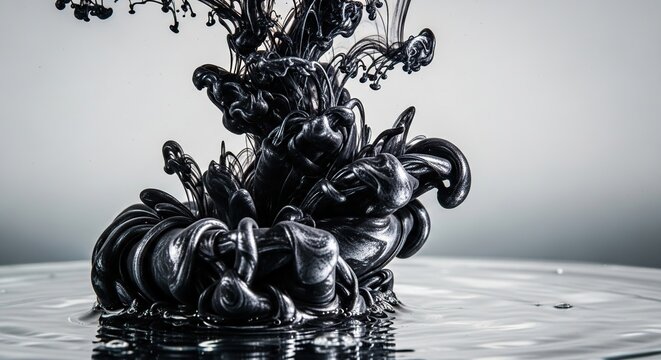 Abstract metallic black ink swirling underwater with shiny silver highlights, fluid art background