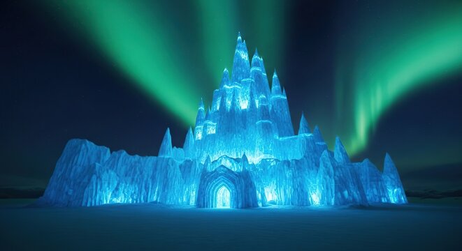 Majestic glowing ice castle under a vibrant green northern lights aurora borealis night sky