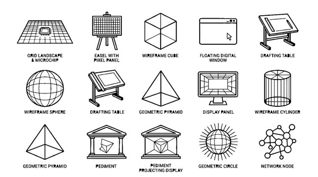 Collection of technical wireframe icons and geometric 3D shapes for digital design and engineering.
