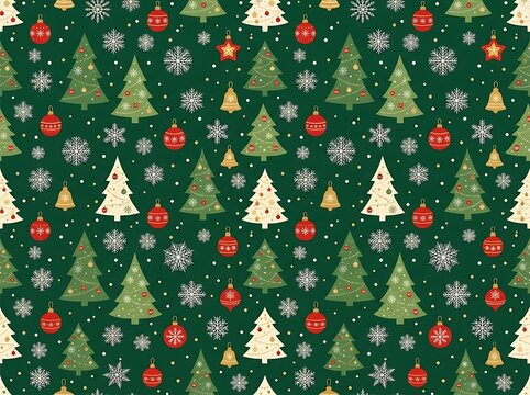 Elegant seamless christmas pattern with fir trees jingle bells and snowflakes on green texture.