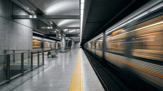 High speed trains rushing through a modern underground station with dramatic motion blur. Urban transportation, rapid transit, daily commute and mobility infrastructure concept.