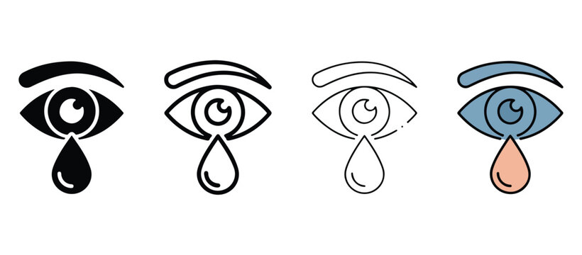 Crying eyes icons with tears  sad and emotional expressions  various line art styles and colors  illustration set