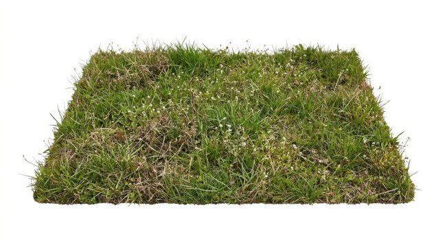 A small square patch of fresh green grass turf isolated on a clean white background for garden and landscape design