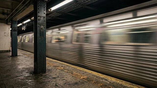 Endless subway train disappearing into the distance through an underground station. Motion blur, urban transportation, daily commute, rapid transit and movement concept.