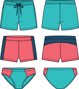 Men Swimwear Collection Technical Flat Sketch Template Vector Featuring Swim Trunks, Board Shorts, and Briefs with Front and Back Detailed Views