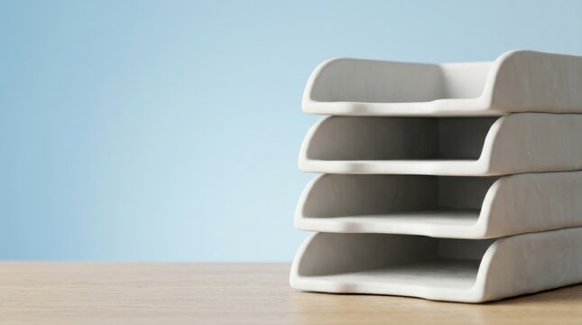 A stack of four empty light grey document sorting trays sits on a light wooden