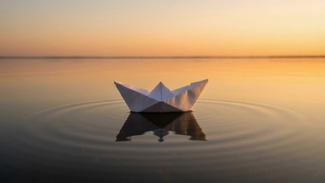 White paper boat floating on perfectly calm water at sunset with a soft reflection. Minimalist concept of hope, journey, imagination, peace and new beginnings.