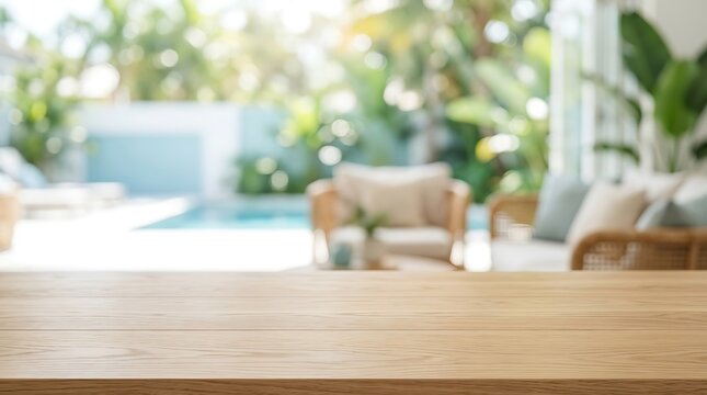 Empty wooden table top mockup with blurred tropical resort background swimming pool and patio for product display.