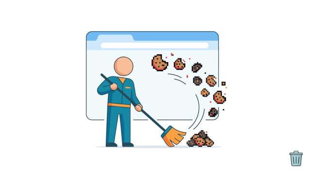 Faceless technician sweeping pixel cookies from web browser window to clear data and cache flat vector illustration.
