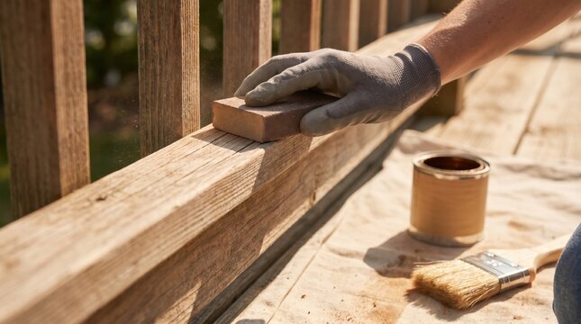 DIY Deck Maintenance Sanding Wooden Railing Surface Preparation for Refinishing Project by Homeowner Wearing Protective Glove
