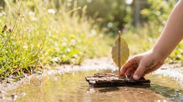 Child playing with a handmade bark and leaf toy boat in a puddle, creative outdoor childhood activity, simple nature craft for kids