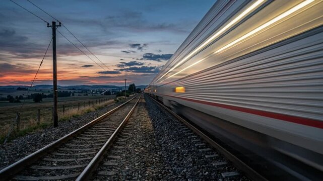 High speed train rushing past railway tracks at dusk with strong motion blur and glowing lights. Transportation, travel, rail infrastructure and dynamic movement concept.