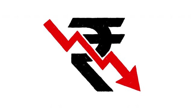 Indian rupee falling red arrow financial crisis economy recession 4K Hand Drawn Animation