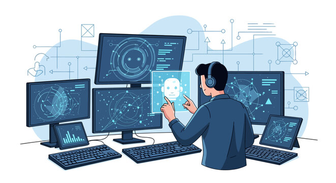 Man Interacting with Futuristic Face Recognition Technology on Multiple Screens.