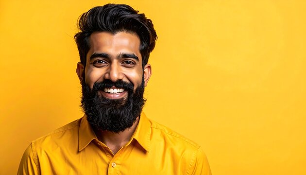 A smiling man with a beard wearing a yellow shirt
