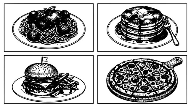 Plates of Italian-Style Food Arranged in a 2x2 Grid with Spaghetti, Pancakes, Burger, and Pizza Icons in Line Art