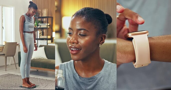 Health, collage and fitness with black woman in home for weight loss win, drinking water and smart watch. Exercise goal, hydration and tracking bmi with person in living room of house for wellness