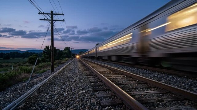 Passenger train rushing past railway tracks at dusk with strong motion blur. Transportation, travel, speed, rail infrastructure and journey concept in a rural landscape.