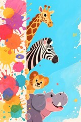 Fototapeta premium Color Splash Safari Animals Peeking from Artistic Vertical Paint Background