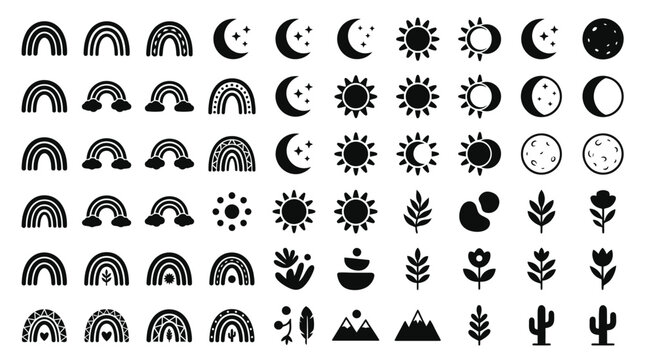 Black icons of sun moon rainbows.