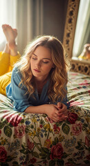 Fototapeta premium Young woman relaxing on a bed with floral print sheets, bathed in soft window light, evoking peacefulness and comfort