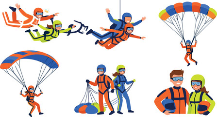 Skydiving and Parachuting Character Illustration Set Vector Featuring Tandem Jumps, Freefall Formations, Paraglider Flights, and Exteme Sports Equipment Elements © MdMostafijur