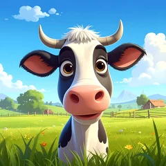 A smiling cow in a green field with a blue sky © tahu