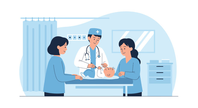 Doctor with baby and parents in examination room: medical care, health check