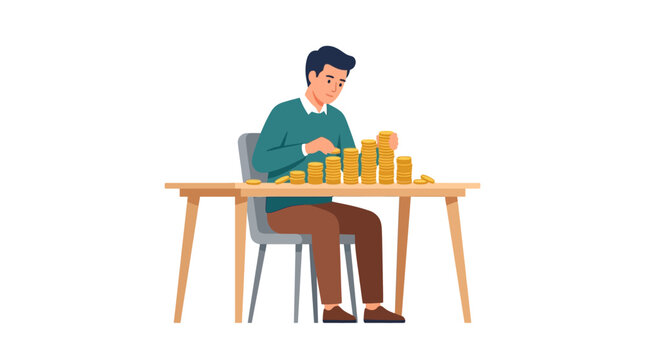 Businessman sitting at desk stacking gold coins for financial planning and wealth growth flat vector illustration.