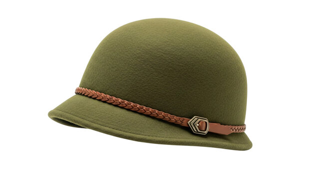 Green hat with braid around the bre and brown leather band on.