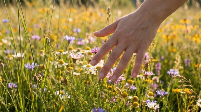 Close up of a woman hand touching wildflowers in a sunny meadow during golden hour representing mindfulness connection to nature and wellness