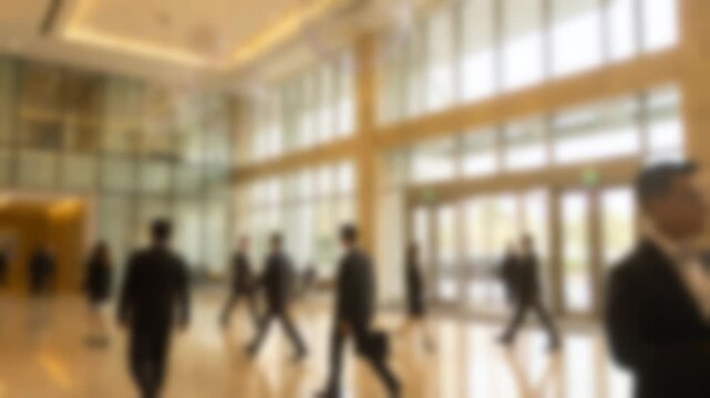 Blurred corporate lobby with business professionals moving through a modern office building. Bright atrium interior, workplace atmosphere and commercial real estate concept.