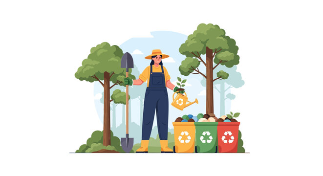 Gardener planting trees and recycling waste for environmental protection.