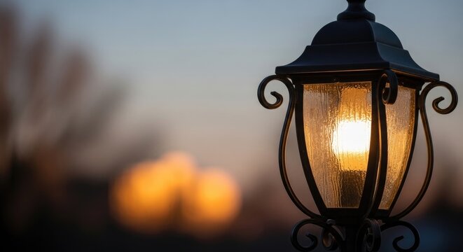 Close-up of a Decorative Outdoor Lamp Illuminated at Dusk with Warm Glow.