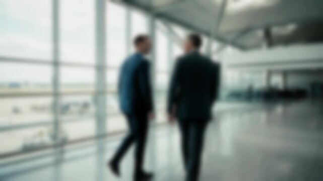 Blurred airport terminal scene with two business executives meeting, shaking hands and walking together. Corporate travel, international partnership and business networking concept.
