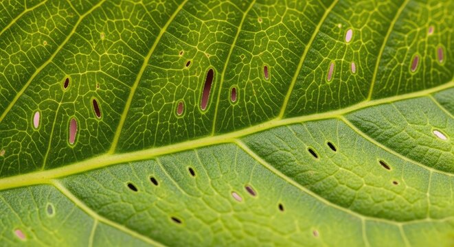 Close-up of a Vibrant Green Leaf Showing Detailed Veins and Imperfections.