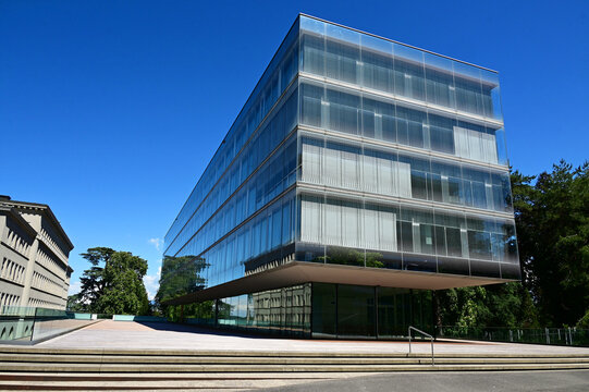 Geneva, Switzerland, Europe - 05.2026 : World Trade Organization - world's largest international economic organization, United Nations, new and historic headquarters building, Route de Lausanne