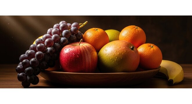 Delicious Assortment of Fresh Fruits in a Rustic Wooden Bowl.