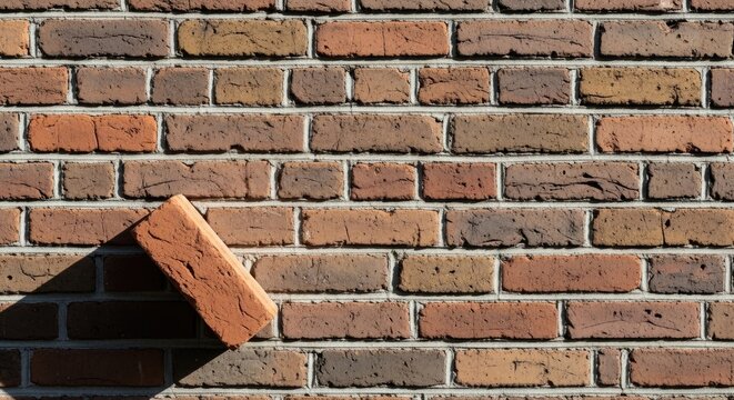 Detailed Close-Up of a Brick Wall with a Single Brick Leaning Against It.