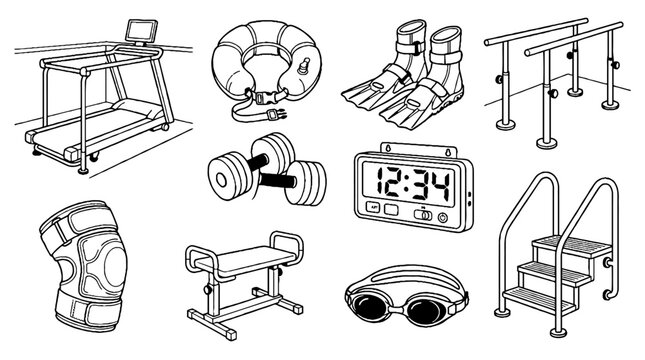 Collection of physical therapy and rehabilitation equipment line art icons including treadmill and parallel bars.