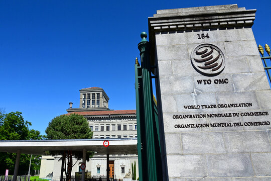 Geneva, Switzerland, Europe - 05.2026 : Entrance to  Centre William Rappard, headquarters of World Trade Organization - world's largest international economic organization, WTO, Route de Lausanne