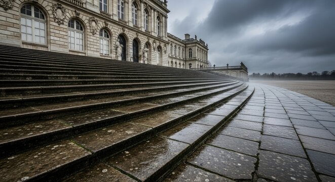 Dramatic Exterior View of a Historic Building with Long Staircase and Cloudy Sky.