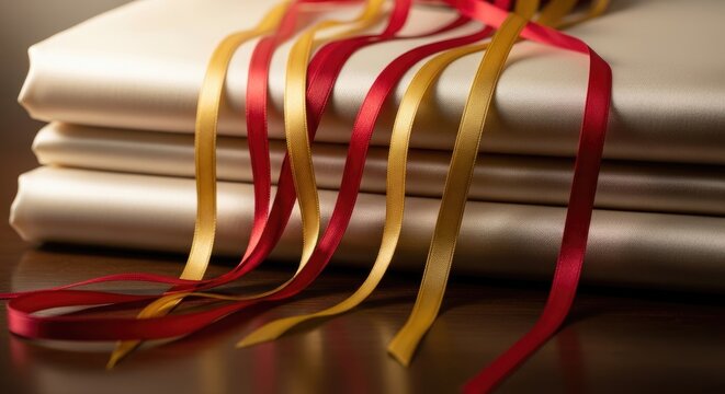 Elegant Gift Stack with Red and Gold Ribbons, Festive and Decorative.