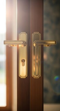 Elegant Golden Door Handles on a Wooden Door with Natural Light.