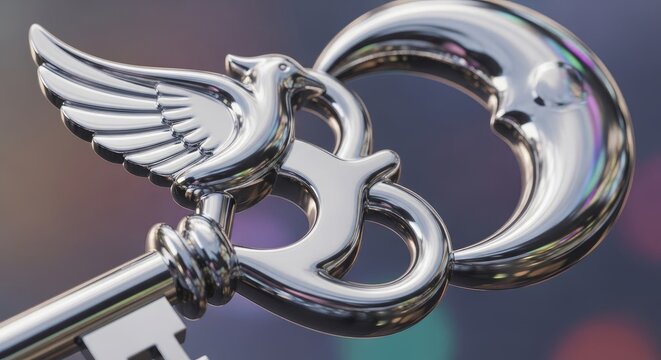 Elegant Silver Key with Winged Design and Crescent Moon Symbol.