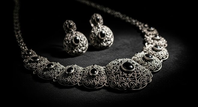 Elegant Silver Jewelry Set on Black Background - Necklace and Earrings.