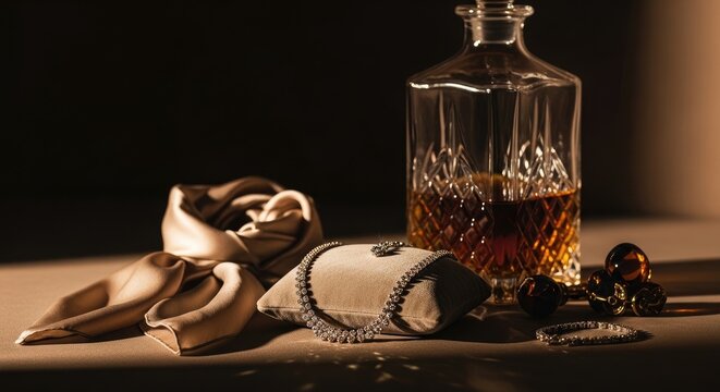 Elegant Still Life of Whiskey Decanter, Jewelry, and Silk Scarf.