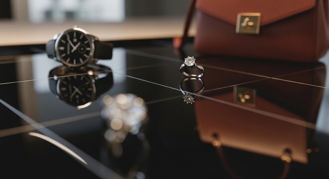Elegant Watch, Diamond Ring, and Leather Handbag on a Reflective Surface.