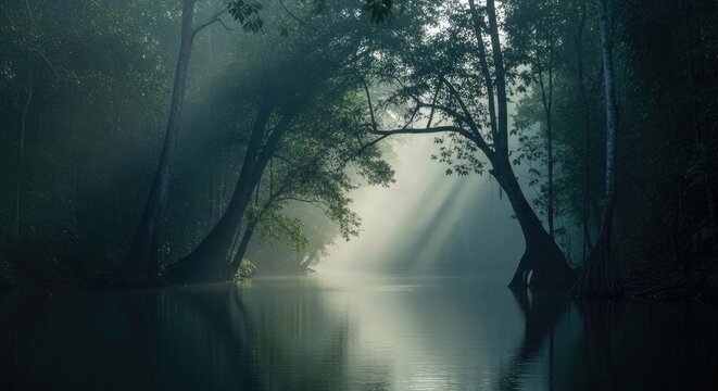 Ethereal morning mist over a calm river in a dense forest with sunbeams.